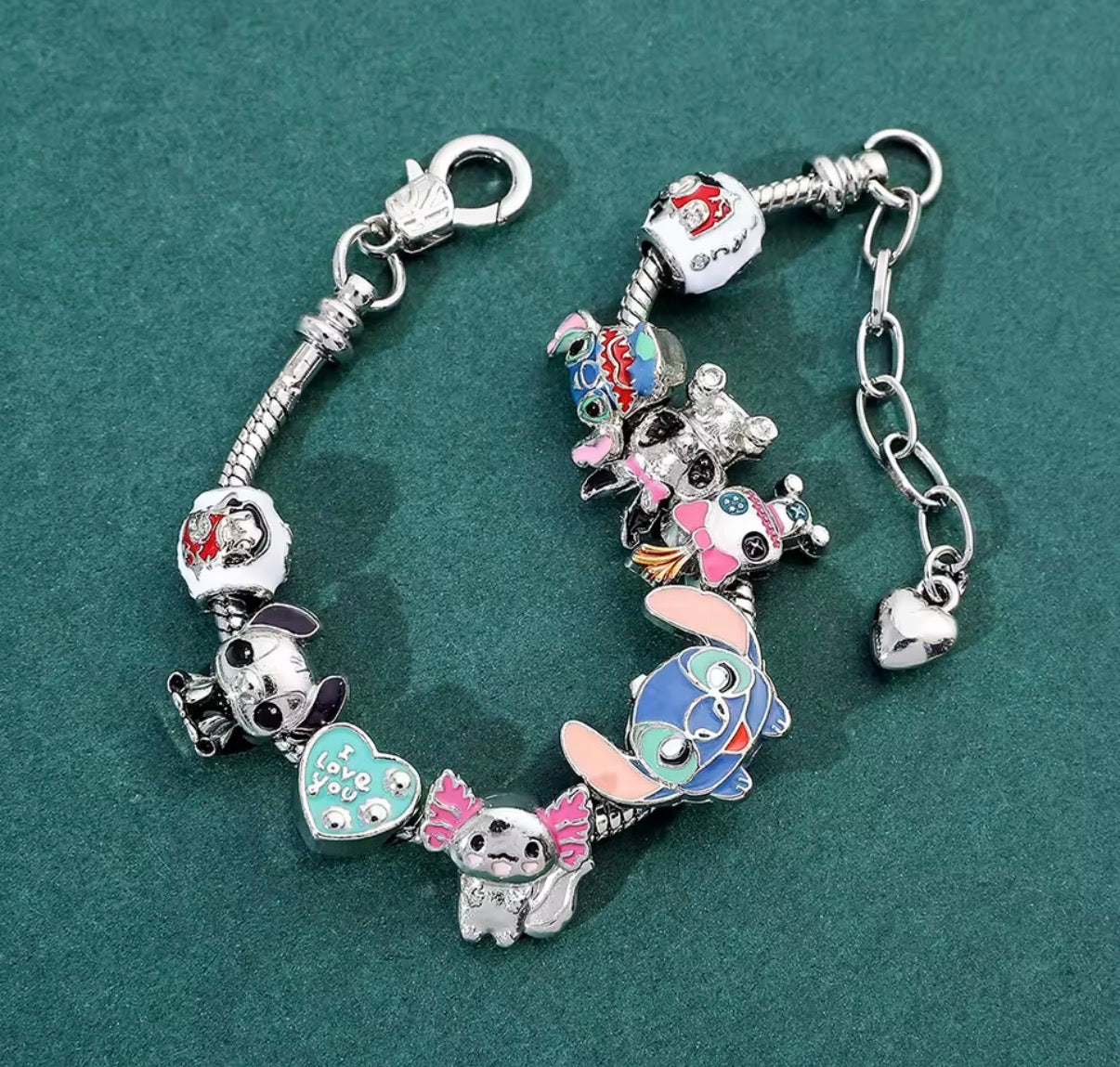 Disney Stitch Charm Metal Rope Bracelet - Anime /Cartoon - Stitch Inspired Silver Coloured Metal Bracelet DIY Pendants Bracelet For Women & Girls - Jewellery Gifts - 9 Charms - Adjustable Bracelet Length 17cm+5cm