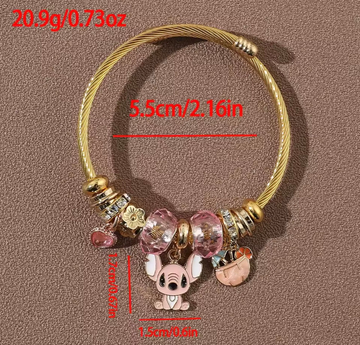 Disney Anime Lilo & Stitch Charms Bracelet - Cartoon Stitch - Beads Bangle - Blue & Pink Themed - Gold Coloured Bangle - Jewellery Gift