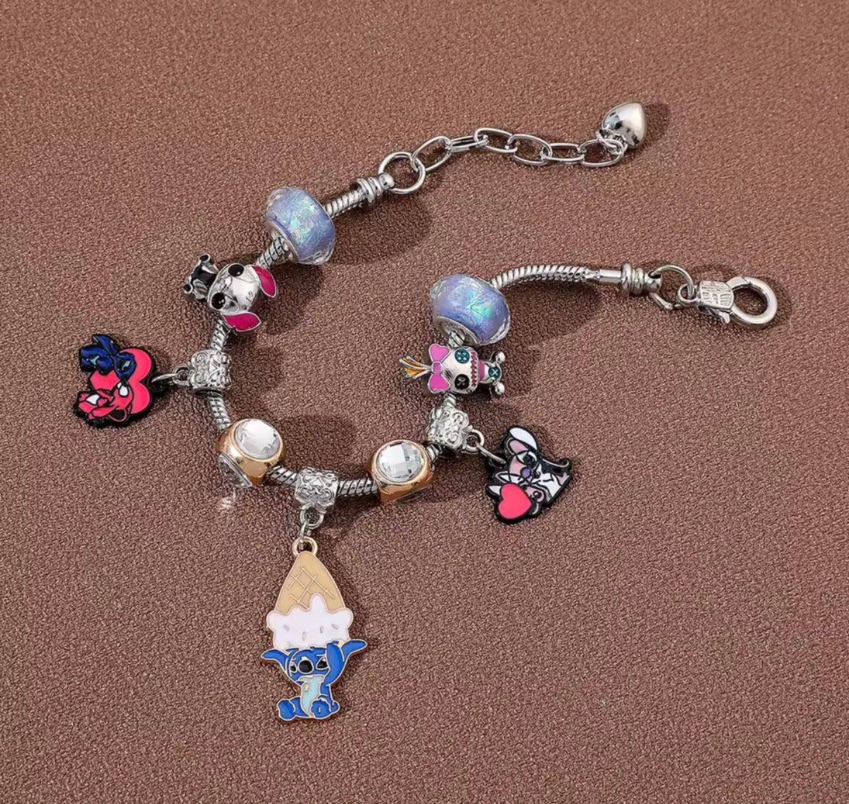 New Disney Stitch Series Fashionable Cute Ice Cream Themed Silver Coloured Stitch Love Beaded Charm Bracelet - 17cm + 5cm Adjustable Length - With Giftbox