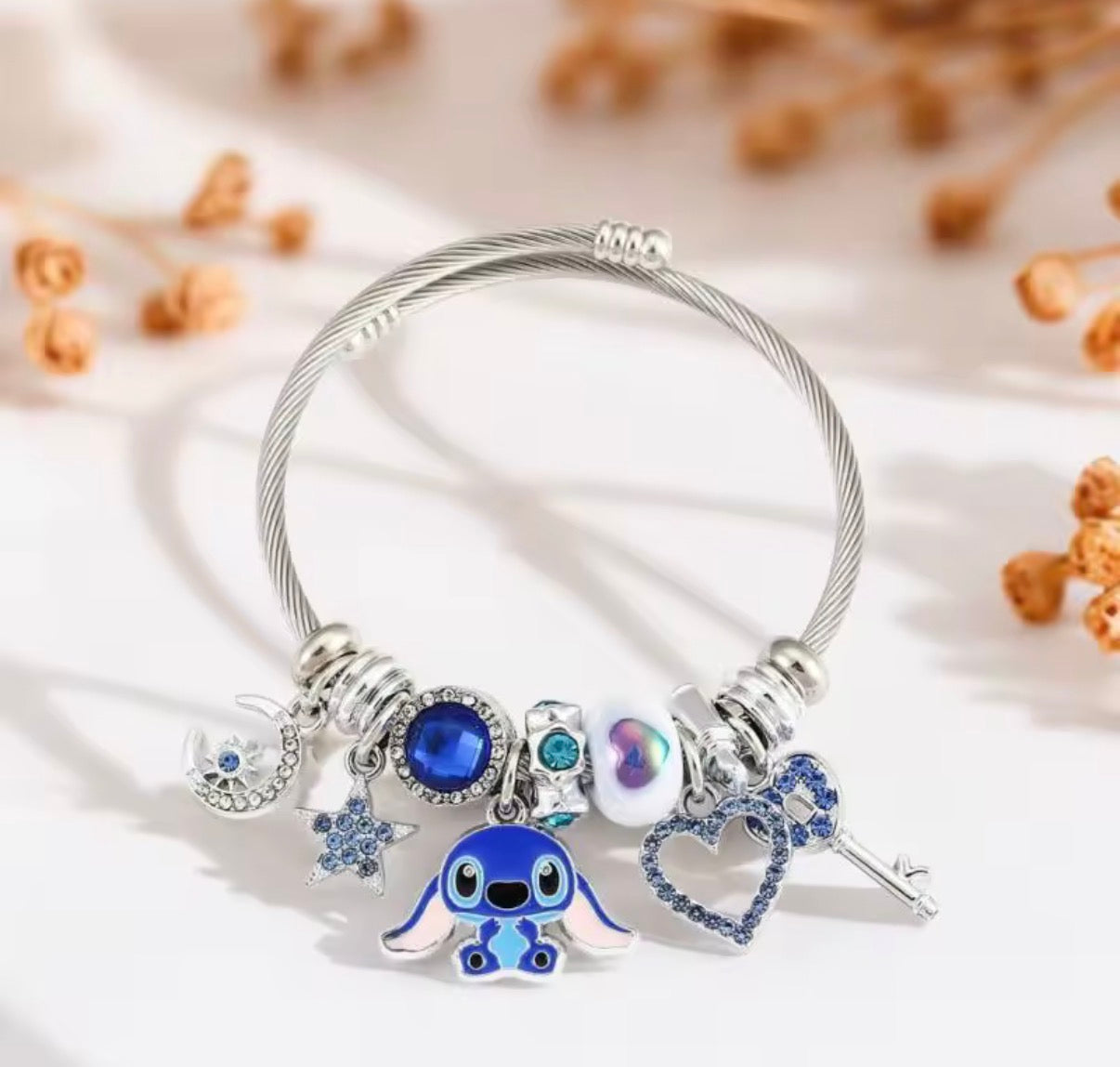 Disney Anime Lilo & Stitch Charms Bracelet - Cartoon Stitch - Beads Bangle - Blue & Pink Themed - Silver Coloured Bangle - Jewellery Gift