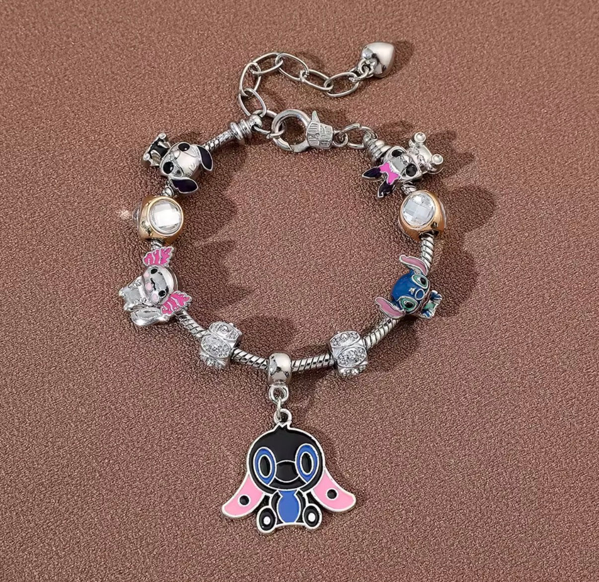 Disney Stitch Series Fashionable Cute - Stitch Big Eared Themed Silver Coloured Stitch Love Beaded Charm Bracelet - 17cm + 5cm Adjustable Length - With Giftbox