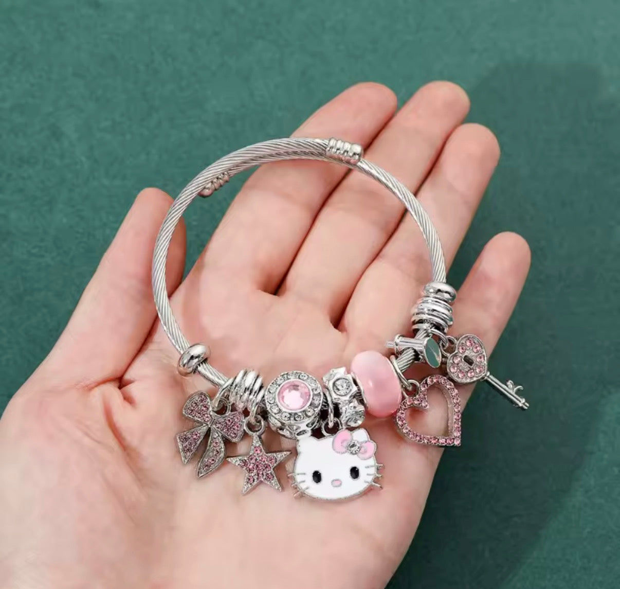 Sanrio Anime Y2K Hello Kitty Charms Bracelet - Cartoon Hello Kitty - Beads Bangle - Silver & Pink Themed - Silver Coloured Bangle - Jewellery Gift