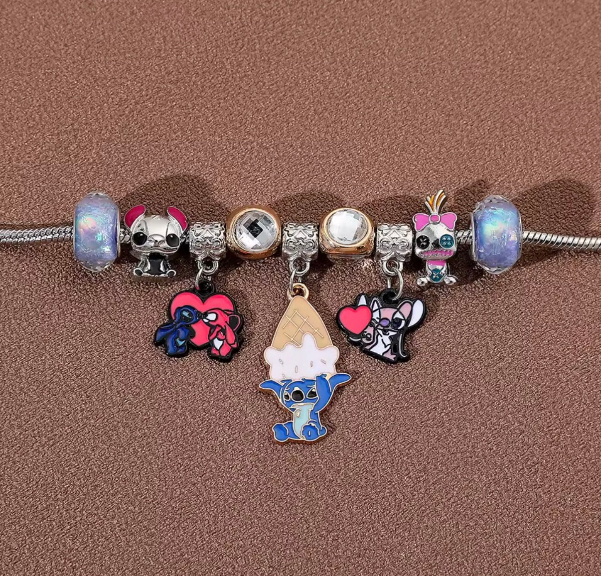 New Disney Stitch Series Fashionable Cute Ice Cream Themed Silver Coloured Stitch Love Beaded Charm Bracelet - 17cm + 5cm Adjustable Length - With Giftbox