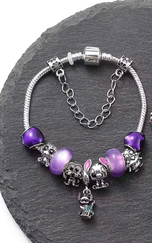 Disney Stitch Fashionable Cute - Stitch Purple Themed Silver Coloured Stitch Love Beaded Charm Bracelet - Adjustable 17cm + 5cm & 19cm + 5cm - With Giftbox