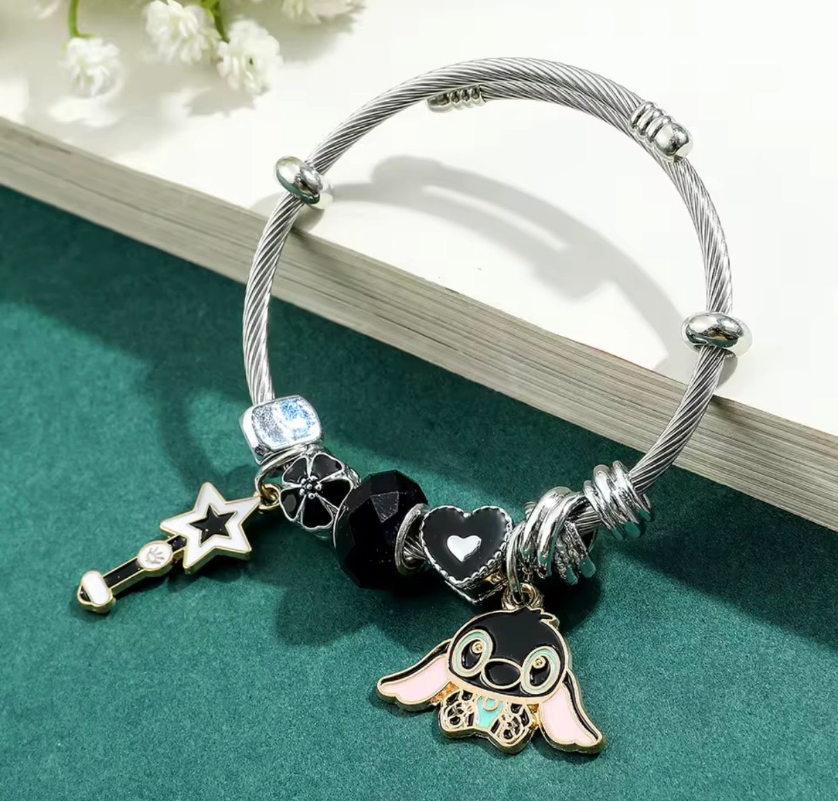 Disney Anime Lilo & Stitch Charms Bracelet - Cartoon Stitch - Beads Bangle - Black Themed - Silver Coloured Bangle - Jewellery Gift
