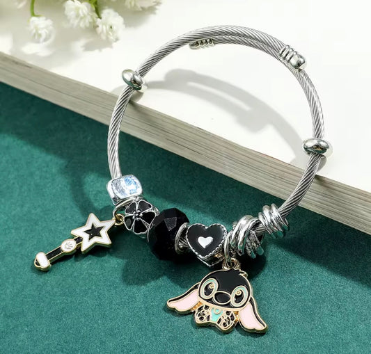 Disney Anime Lilo & Stitch Charms Bracelet - Cartoon Stitch - Beads Bangle - Black Themed - Silver Coloured Bangle - Jewellery Gift