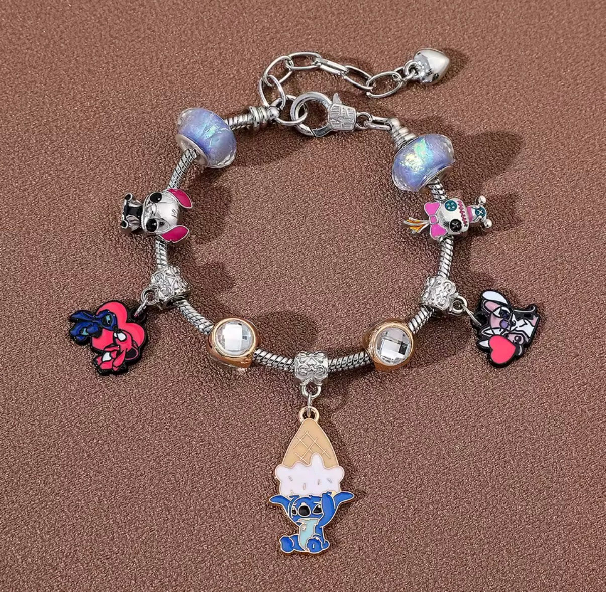 New Disney Stitch Series Fashionable Cute Ice Cream Themed Silver Coloured Stitch Love Beaded Charm Bracelet - 17cm + 5cm Adjustable Length - With Giftbox