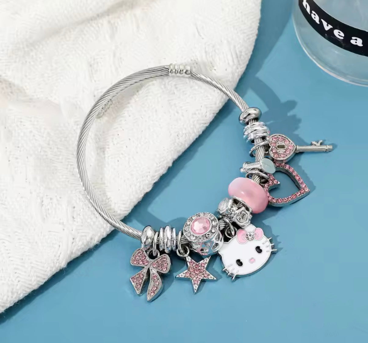 Sanrio Anime Y2K Hello Kitty Charms Bracelet - Cartoon Hello Kitty - Beads Bangle - Silver & Pink Themed - Silver Coloured Bangle - Jewellery Gift