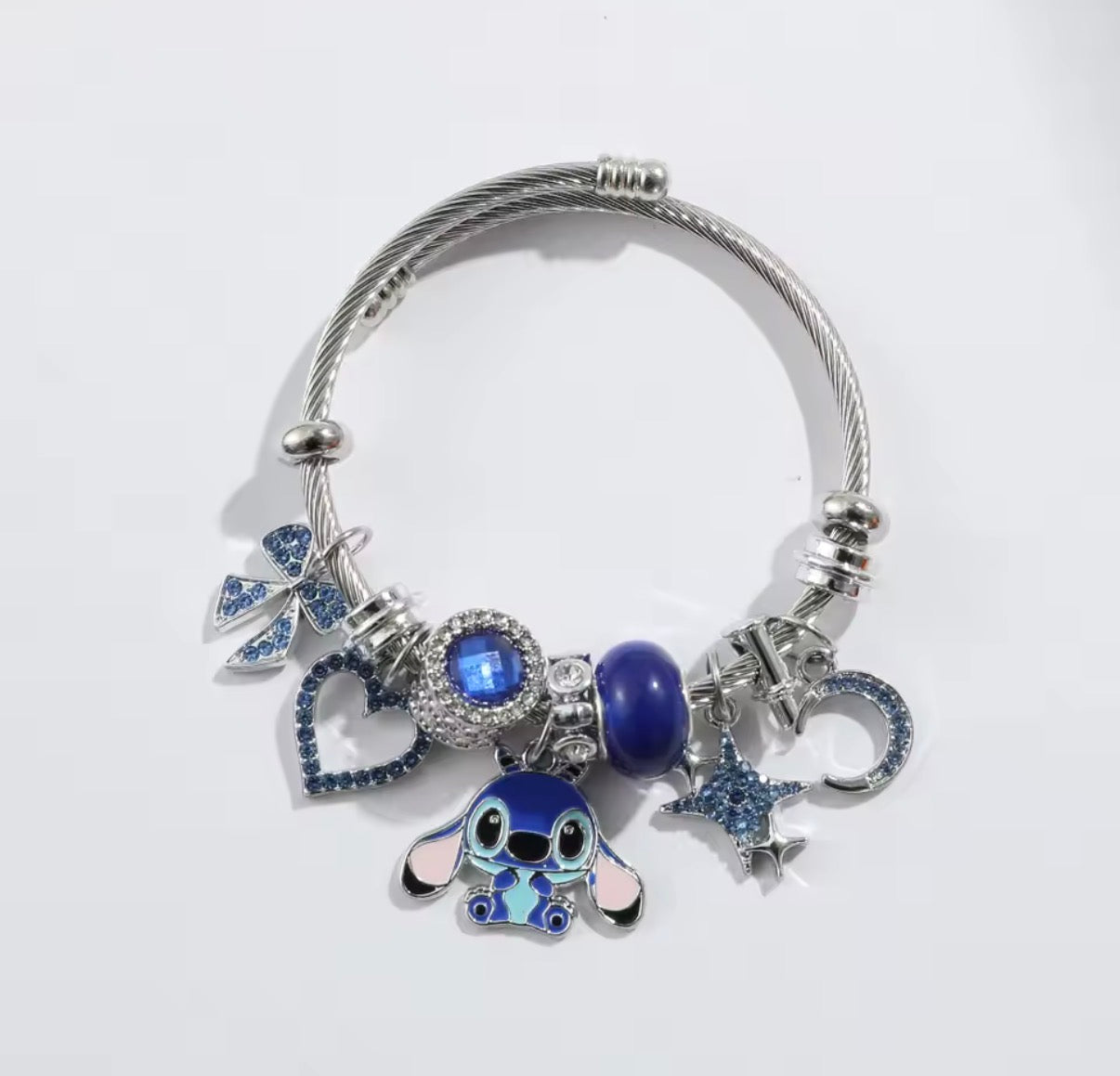 Disney Anime Lilo & Stitch Charms Bracelet - Cartoon Stitch - Beads Bangle - Blue & Pink Themed - Silver Coloured Bangle - Jewellery Gift