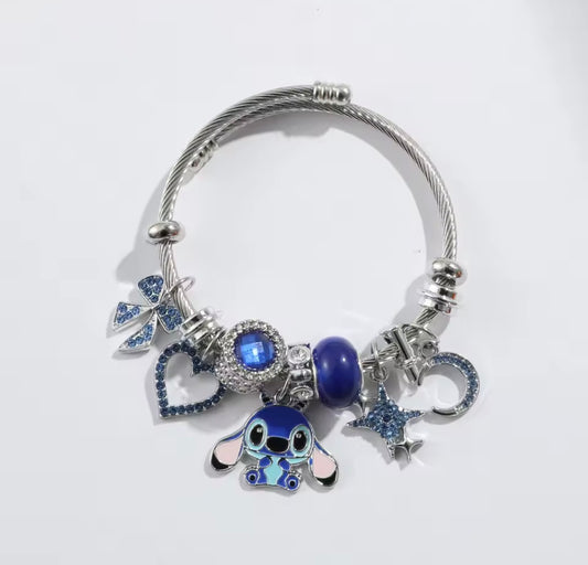 Disney Anime Lilo & Stitch Charms Bracelet - Cartoon Stitch - Beads Bangle - Blue & Pink Themed - Silver Coloured Bangle - Jewellery Gift