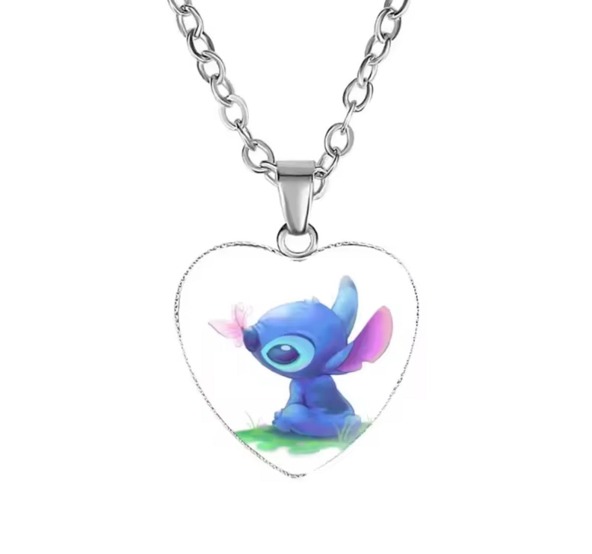 Disney Stitch / Angel - Heart Shaped Silver Coloured Necklace Photo Printed Glass Pendant for Kids & Girls Handmade Jewellery - Anime / Cartoon -
Perfect Birthday / Christmas Gift
