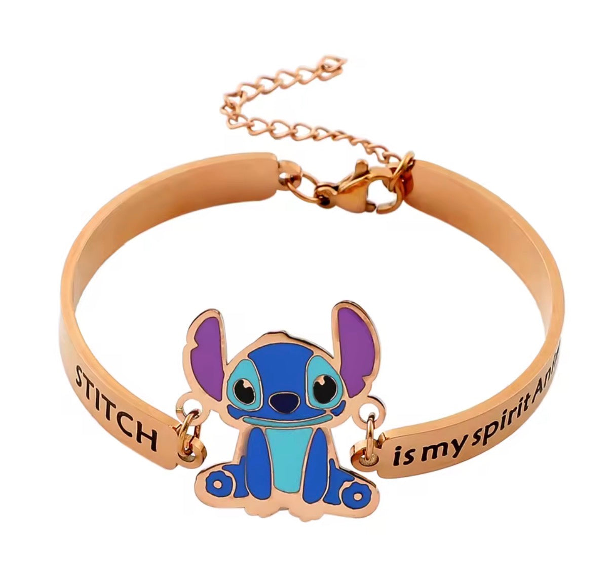 Stitch Gold Coloured Stainless Steel Lettering Link
Bracelet / Bangle for Women / Girls with Stitch Pendant - Cartoon / Anime - Perfect Birthday or Christmas Gift - With Gift Box