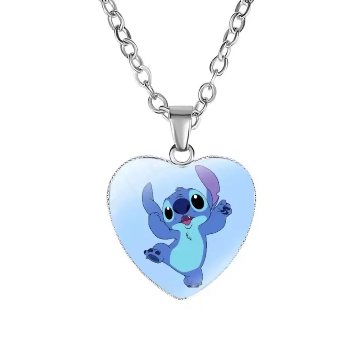 Disney Stitch / Angel - Heart Shaped Silver Coloured Necklace Photo Printed Glass Pendant for Kids & Girls Handmade Jewellery - Anime / Cartoon -
Perfect Birthday / Christmas Gift