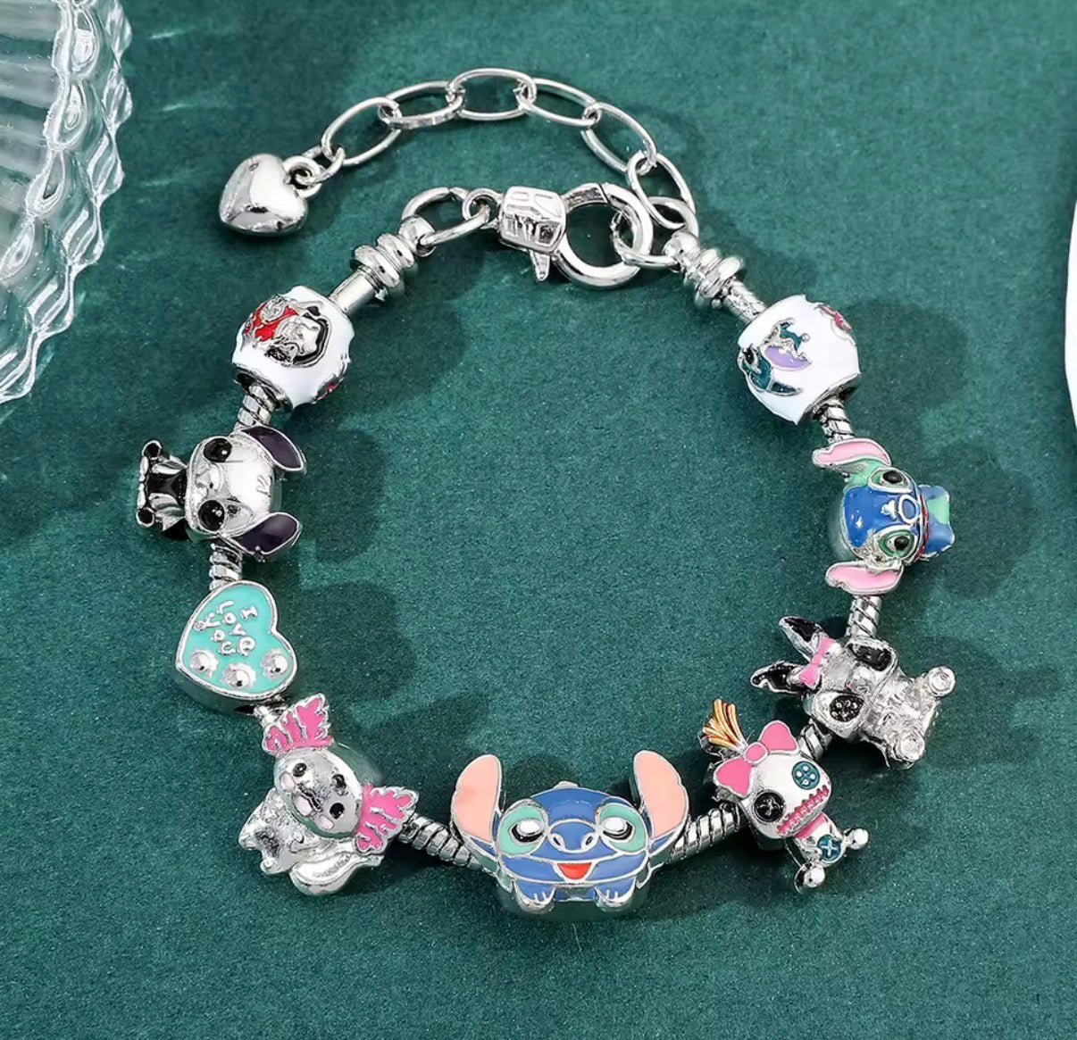 Disney Stitch Charm Metal Rope Bracelet - Anime /Cartoon - Stitch Inspired Silver Coloured Metal Bracelet DIY Pendants Bracelet For Women & Girls - Jewellery Gifts - 9 Charms - Adjustable Bracelet Length 17cm+5cm
