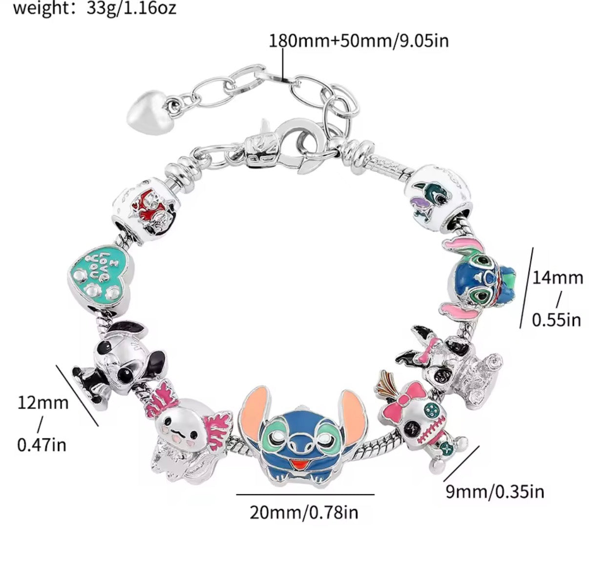 Disney Stitch Charm Metal Rope Bracelet - Anime /Cartoon - Stitch Inspired Silver Coloured Metal Bracelet DIY Pendants Bracelet For Women & Girls - Jewellery Gifts - 9 Charms - Adjustable Bracelet Length 17cm+5cm