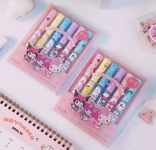 6Pcs Sanrio Highlighter Pen Set Kawaii, Hello Kitty, Kuromi, My Melody & Cinnamoroll Art Fluorescent Markers Pens School Office Stationery - Perfect Gift Idea**
