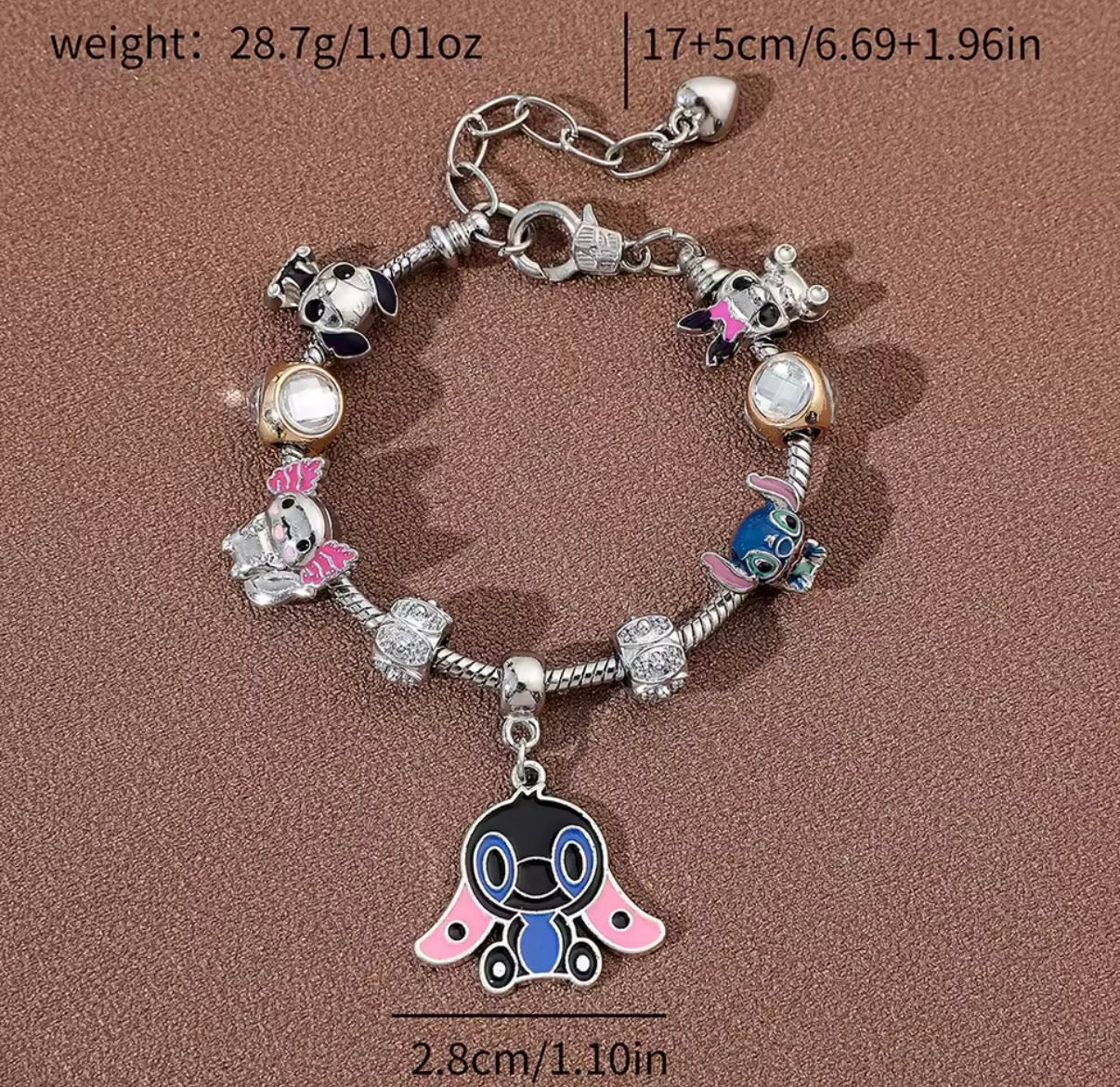 Disney Stitch Series Fashionable Cute - Stitch Big Eared Themed Silver Coloured Stitch Love Beaded Charm Bracelet - 17cm + 5cm Adjustable Length - With Giftbox