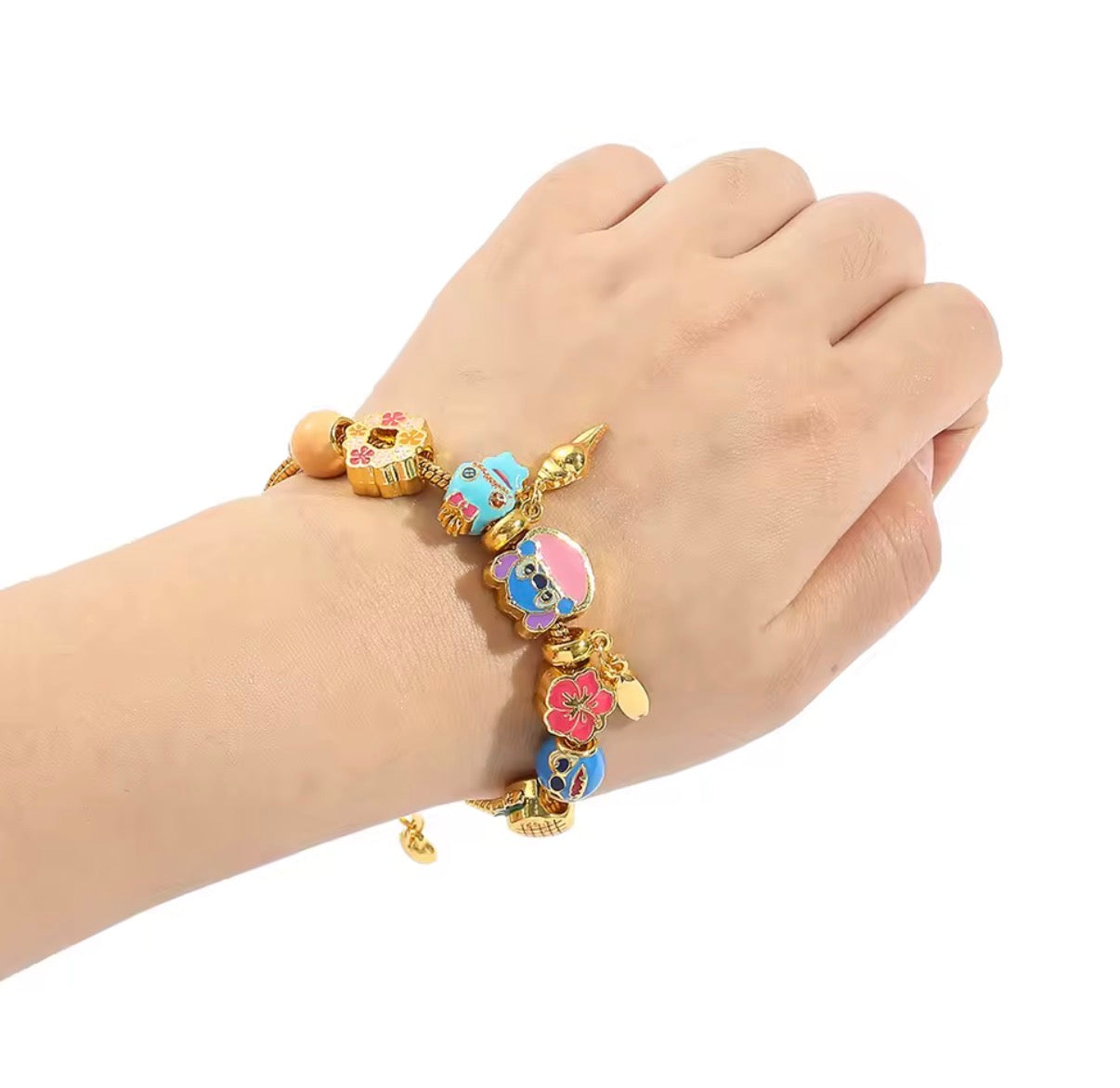 Disney Stitch Series Fashionable Gold Coloured Stitch Love Beaded Charm Bracelet - 17cm + 5cm Adjustable Length - With Giftbox