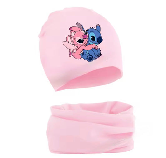 2pcs Lilo & Stitch / Angel Pink Disney Girls Hat & Collar Scarf Set - Cartoon Character - Anime / Cartoon - Autumn / Winter Set