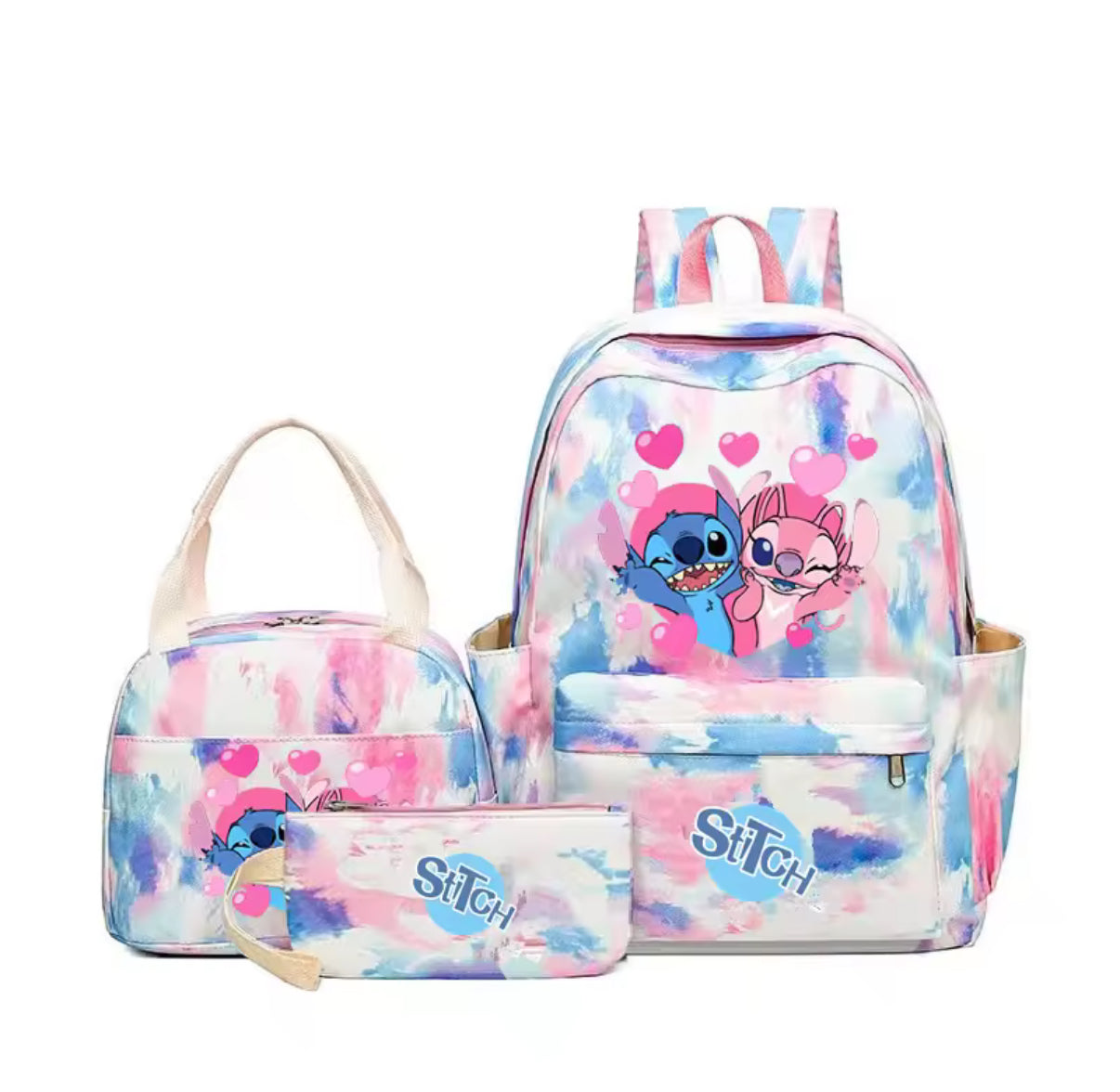 Disney 3Pcs/Set Stitch / Angel Backpack for Girls - Children Rucksack, Lunch Bag & Pen/Storage Bag - Kids Birthday/Christmas Gift - Casual School/Travel Bag