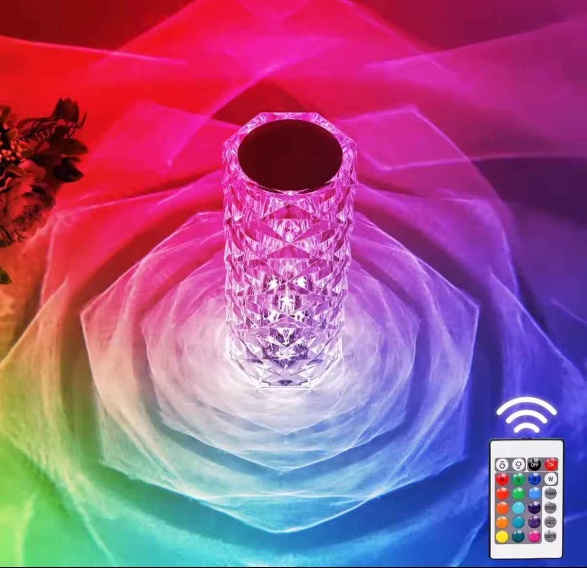 16 Colours - LED Crystal Table Lamp Rose Light Projector Home Bar Decoration Touch Recharging Romantic Diamond Atmosphere Light - USB - Perfect Birthday / Christmas Gift
