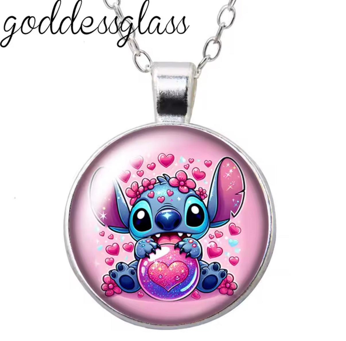 Disney Cute Stitch Love Hearts Round Photo Glass Cabochon Silver Plated Pendant - Necklace Jewellery Birthday / Christmas Gift