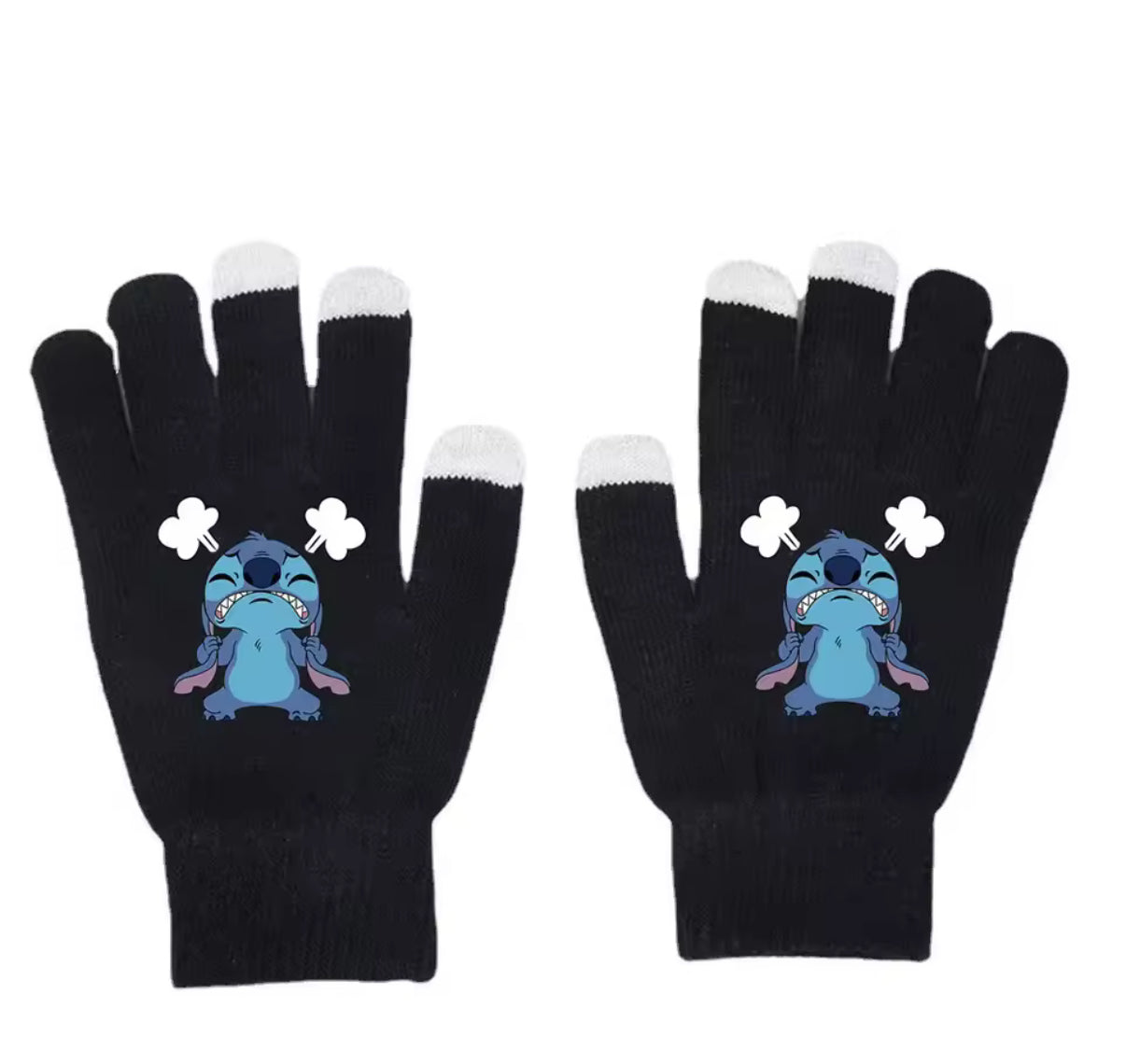 Disney Stitch / Angel Knitted Hat & Glove Set - Kids Autumn / Winter Warm Black Fishnet Mittens - Anime Figure Cartoon Headgear - Decoration - Gifts