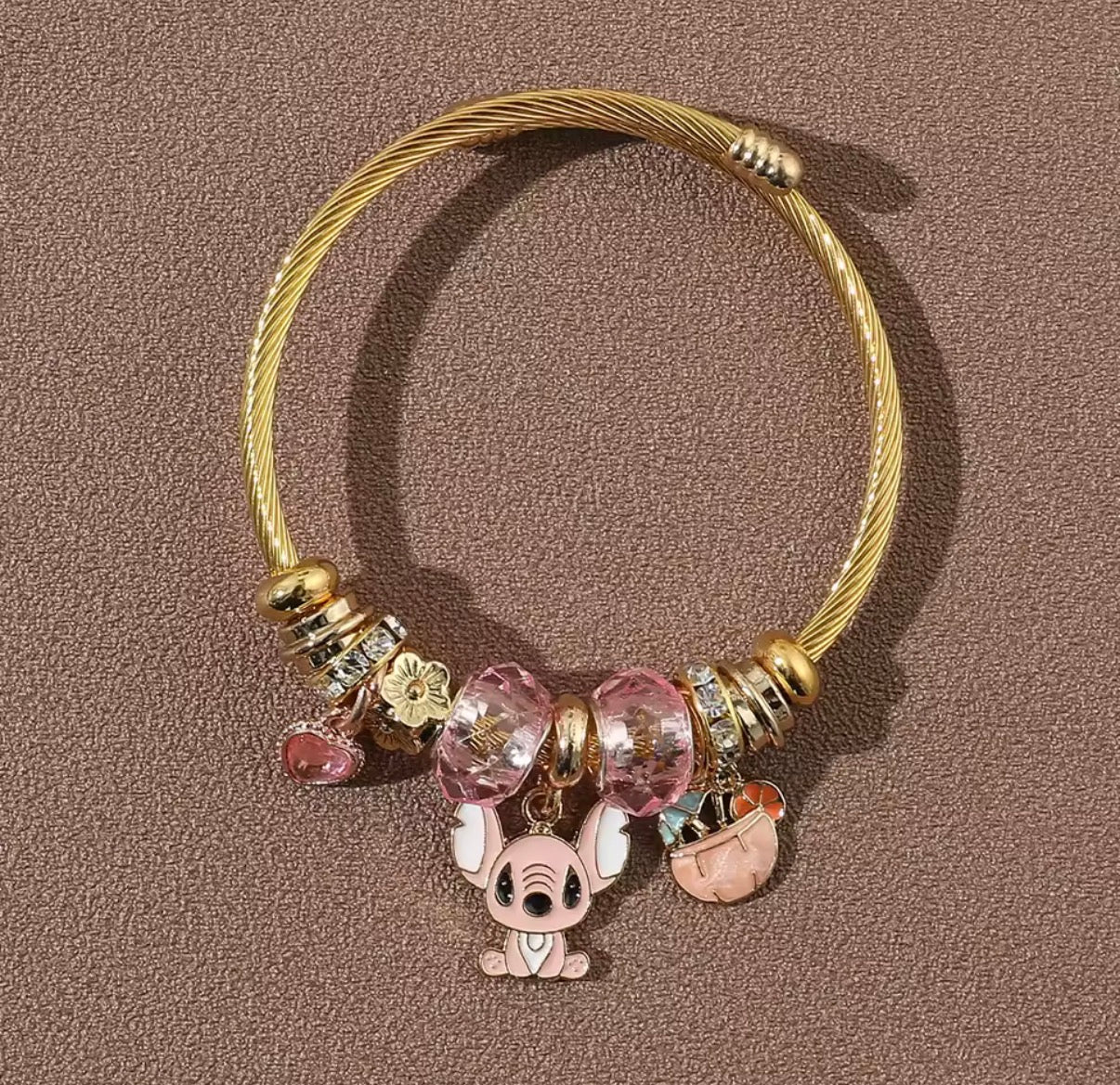 Disney Anime Lilo & Stitch Charms Bracelet - Cartoon Stitch - Beads Bangle - Blue & Pink Themed - Gold Coloured Bangle - Jewellery Gift