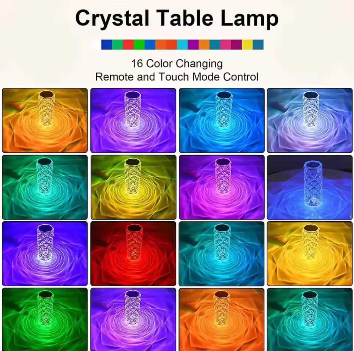 16 Colours - LED Crystal Table Lamp Rose Light Projector Home Bar Decoration Touch Recharging Romantic Diamond Atmosphere Light - USB - Perfect Birthday / Christmas Gift