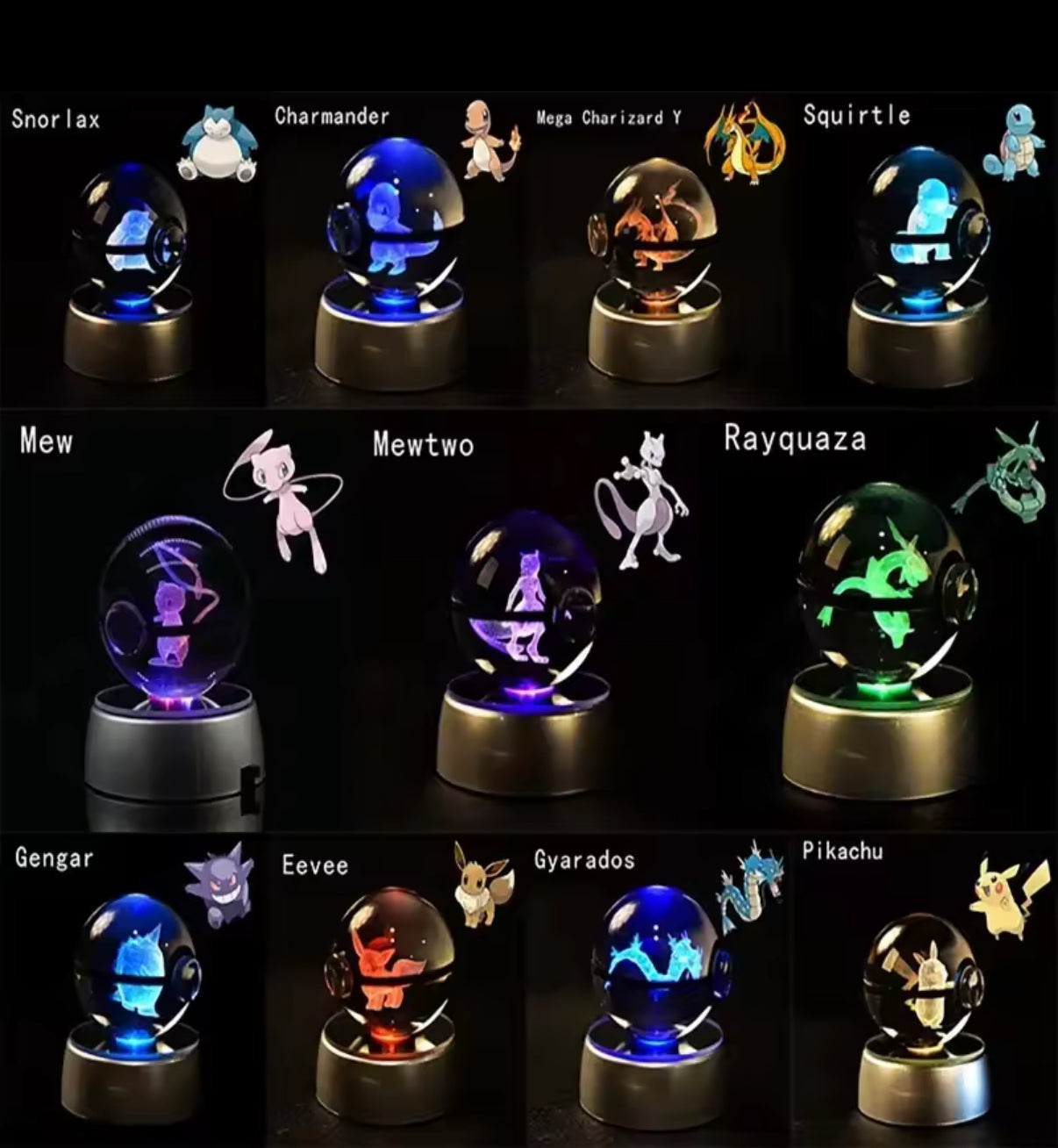 Pokemon Crystal 3D 5cm Ball Light - Pikachu, Charmander, Eevee & Rayquaza Lamp Base Pokeball Crystal Pokemon Glass Ball Figure Night Light - Christmas / Birthday Gift**