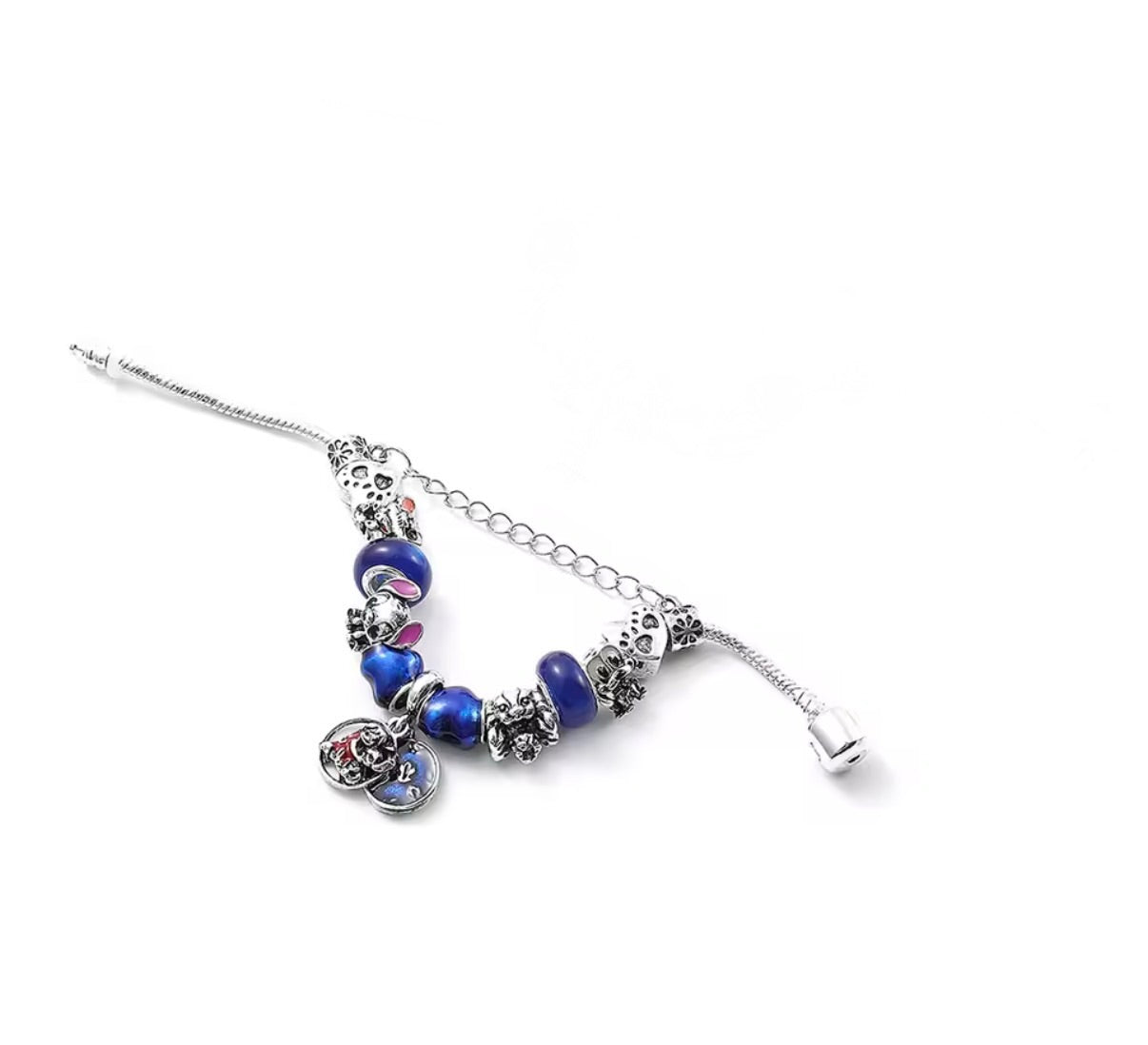 Disney Stitch Fashionable Cute - Stitch Blue Themed Silver Coloured Stitch Love Beaded Charm Bracelet - Adjustable 19cm + 5cm - With Giftbox