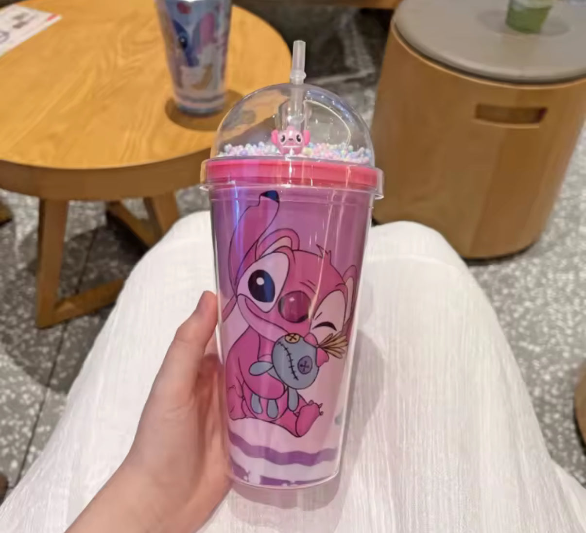 Stitch / Angel 450ml Double Layer Plastic Water Cup With Straw Portable Creative Gift Bottle For Milk Coffee Tea and any other hot or cold drink - Handy Cup for Kids - Perfect Christmas / Birthday Gift