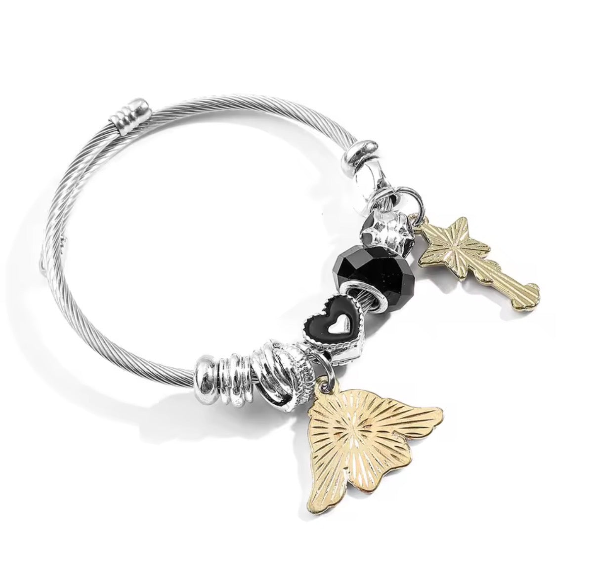 Disney Anime Lilo & Stitch Charms Bracelet - Cartoon Stitch - Beads Bangle - Black Themed - Silver Coloured Bangle - Jewellery Gift