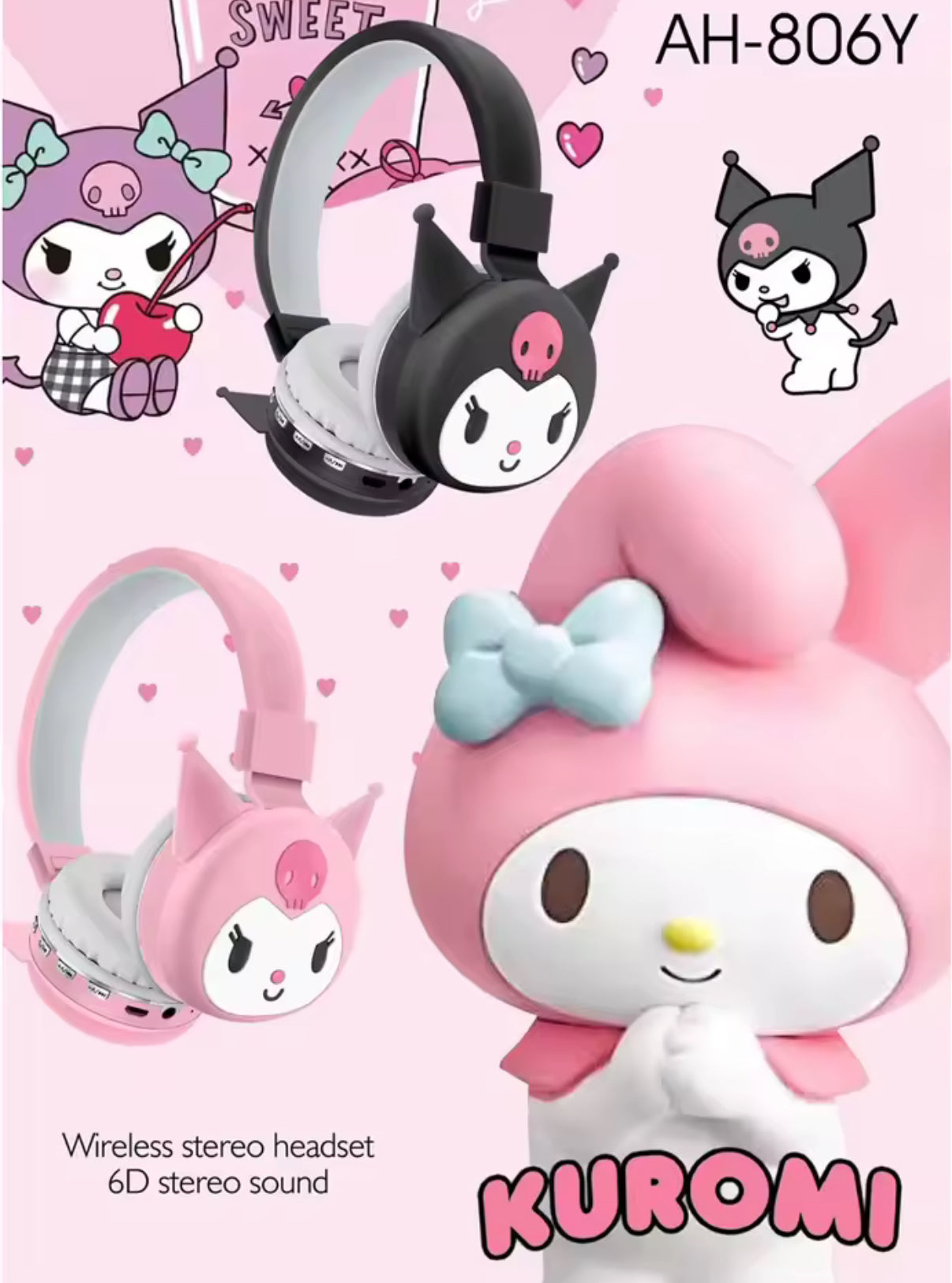 AH-806Y, XY-323 Sanrio Kuromi Bluetooth Headphones - Wireless Headsets - Cartoon with Mic - Foldable & Lightweight Headphone for Mobile Phones & Gaming**