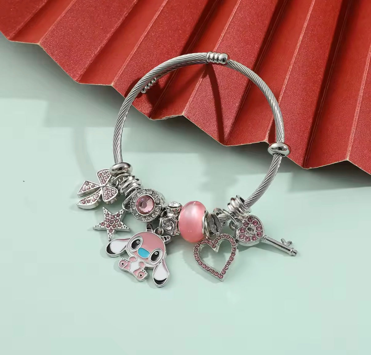 Disney Anime Lilo & Stitch Charms Bracelet - Cartoon Stitch - Beads Bangle - Blue & Pink Themed - Silver Coloured Bangle - Jewellery Gift
