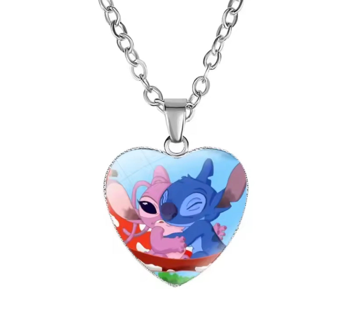 Disney Stitch / Angel - Heart Shaped Silver Coloured Necklace Photo Printed Glass Pendant for Kids & Girls Handmade Jewellery - Anime / Cartoon -
Perfect Birthday / Christmas Gift