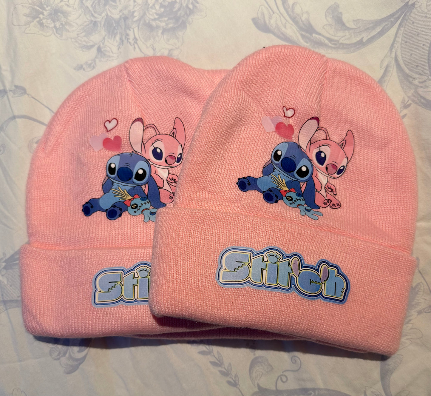 Disney Anime Stitch Knitted Hat Kawaii Pink / Blue  Lilo & Stitch / Angel - Autumn/Winter Warm Hat Cartoon Children Fashion Gifts - 6 Years +