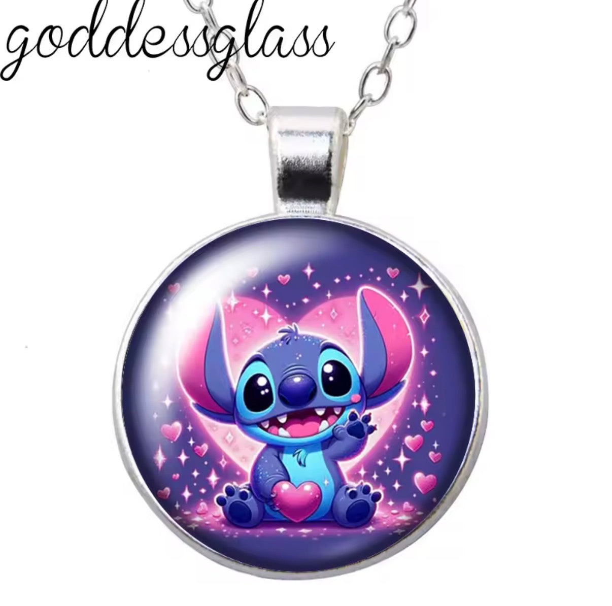 Disney Cute Stitch Love Hearts Round Photo Glass Cabochon Silver Plated Pendant - Necklace Jewellery Birthday / Christmas Gift