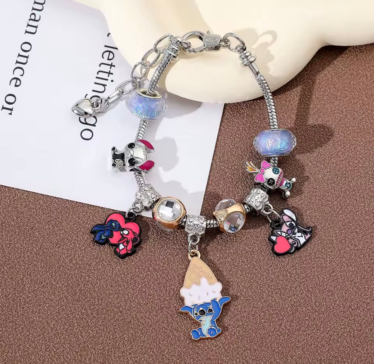 New Disney Stitch Series Fashionable Cute Ice Cream Themed Silver Coloured Stitch Love Beaded Charm Bracelet - 17cm + 5cm Adjustable Length - With Giftbox