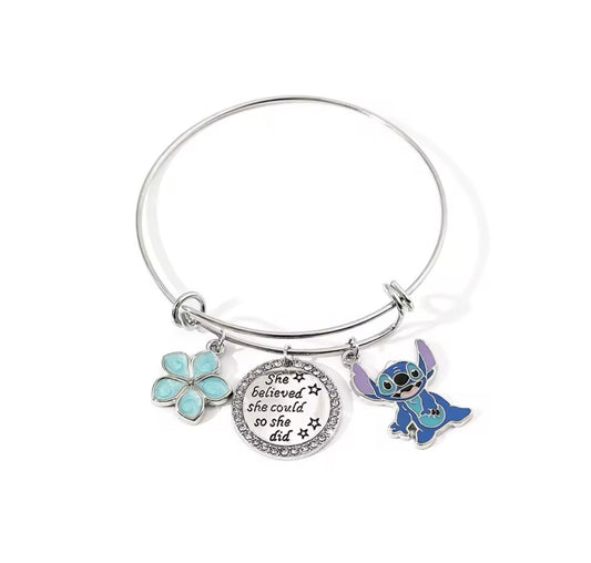 Disney Anime Lilo & Stitch Cute Bracelet Silver Metal Coloured Just a Girl Who Love Stitch Bangle Fashion Jewellery for Women - Gifts Accessories