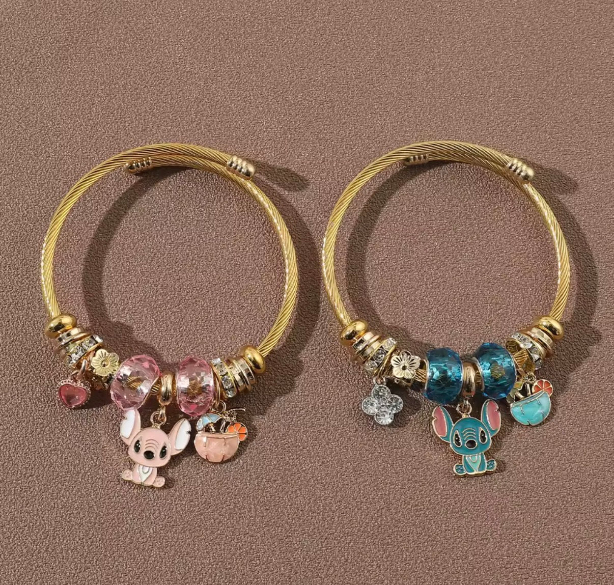 Disney Anime Lilo & Stitch Charms Bracelet - Cartoon Stitch - Beads Bangle - Blue & Pink Themed - Gold Coloured Bangle - Jewellery Gift