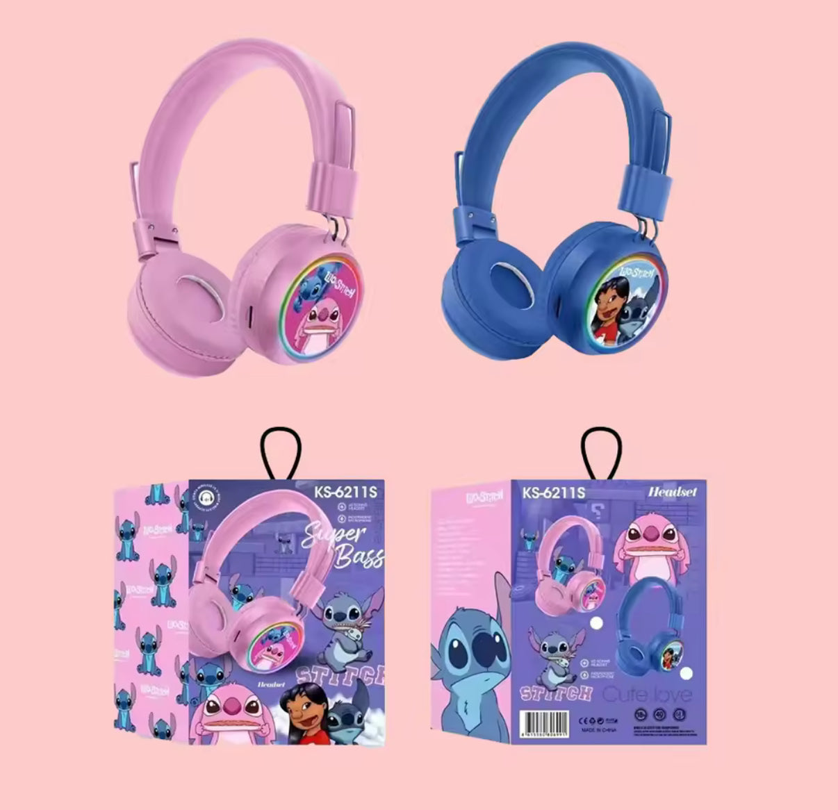 Disney Lilo & Stitch / Angel Pink & Or Blue Cartoon Bluetooth Sports Headphones - Wireless Headworn Gaming Headphones - Anime - Perfect Gift For Kids - Birthday / Christmas
