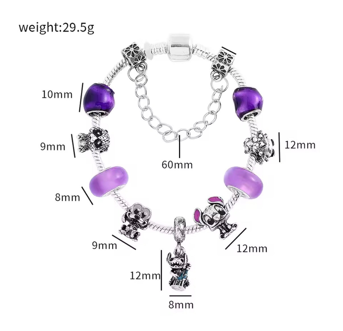 Disney Stitch Fashionable Cute - Stitch Purple Themed Silver Coloured Stitch Love Beaded Charm Bracelet - Adjustable 17cm + 5cm & 19cm + 5cm - With Giftbox