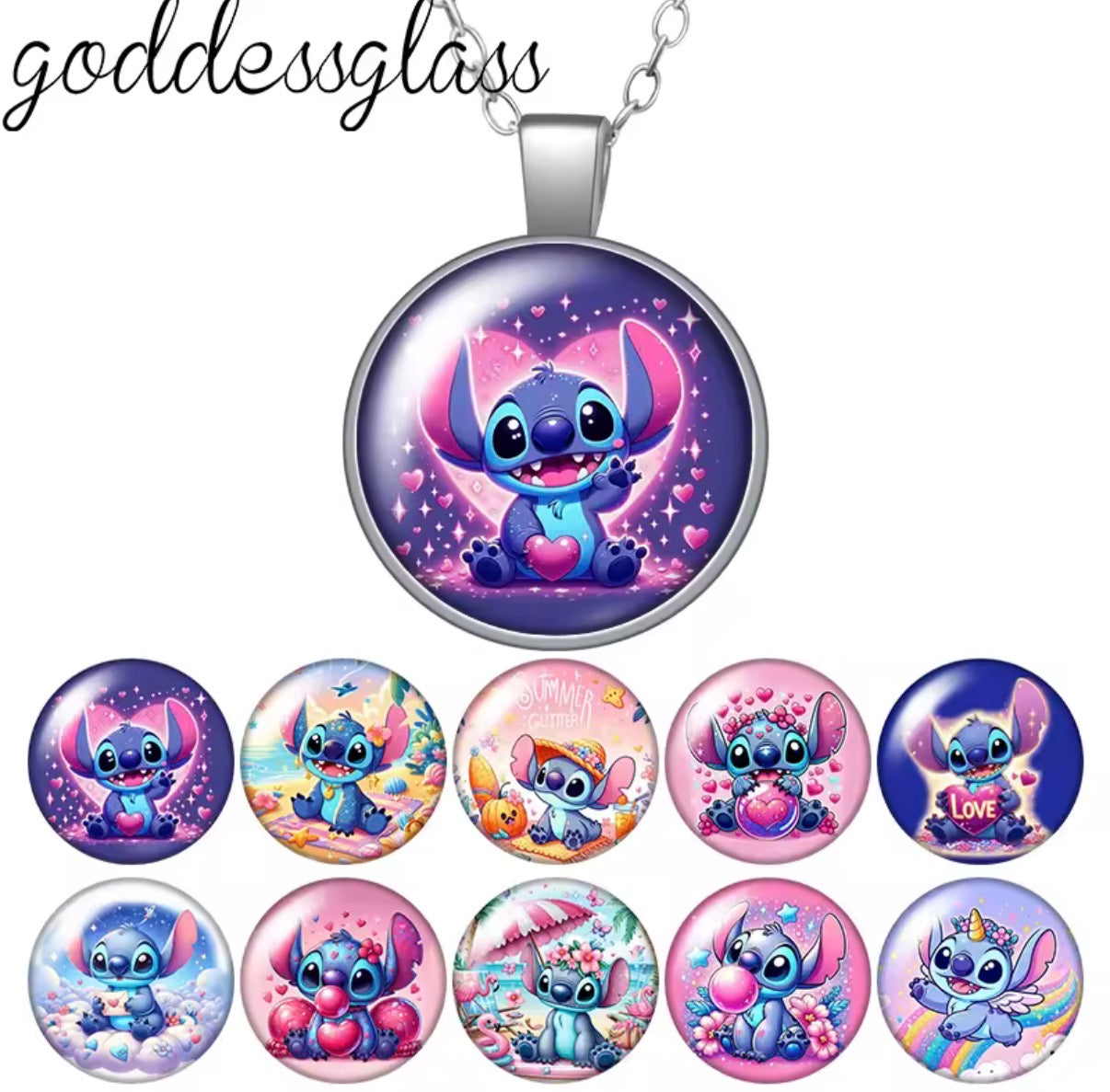 Disney Cute Stitch Love Hearts Round Photo Glass Cabochon Silver Plated Pendant - Necklace Jewellery Birthday / Christmas Gift