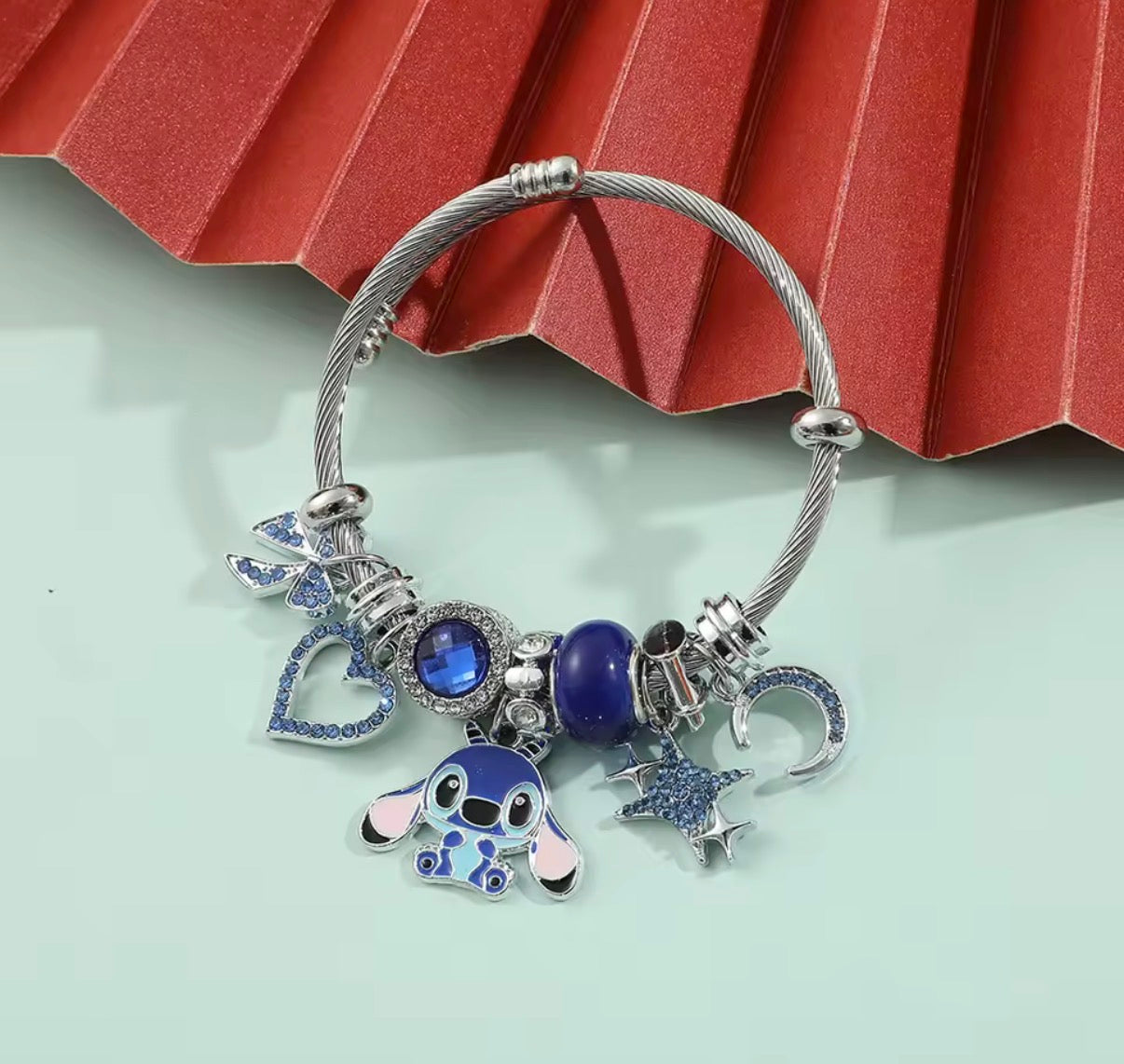 Disney Anime Lilo & Stitch Charms Bracelet - Cartoon Stitch - Beads Bangle - Blue & Pink Themed - Silver Coloured Bangle - Jewellery Gift