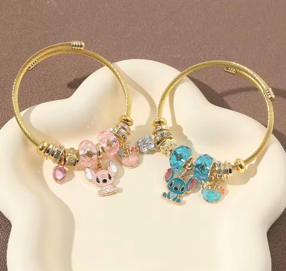 Disney Anime Lilo & Stitch Charms Bracelet - Cartoon Stitch - Beads Bangle - Blue & Pink Themed - Gold Coloured Bangle - Jewellery Gift
