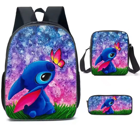 Disney 3Pcs/Set Stitch Black Backpack for Boys & Girls - Children Rucksack, Lunch Bag & Pen/Storage Bag - Kids Birthday/Christmas Gift - Casual School/Travel Bag