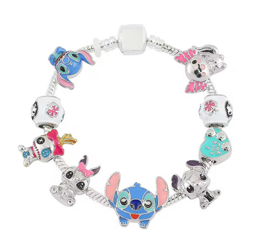 Disney Stitch Charm Metal Rope Bracelet - Anime /Cartoon - Stitch Inspired Silver Coloured Metal Bracelet DIY Pendants Bracelet For Women & Girls - Jewellery Gifts - 9 Charms - Bracelet Length Available in 17cm, 19cm, 21cm