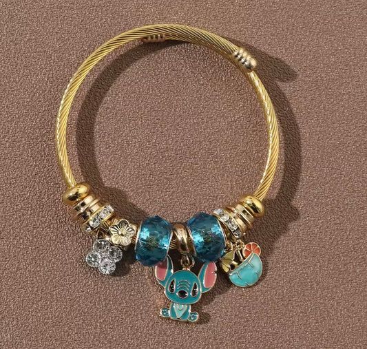 Disney Anime Lilo & Stitch Charms Bracelet - Cartoon Stitch - Beads Bangle - Blue & Pink Themed - Gold Coloured Bangle - Jewellery Gift