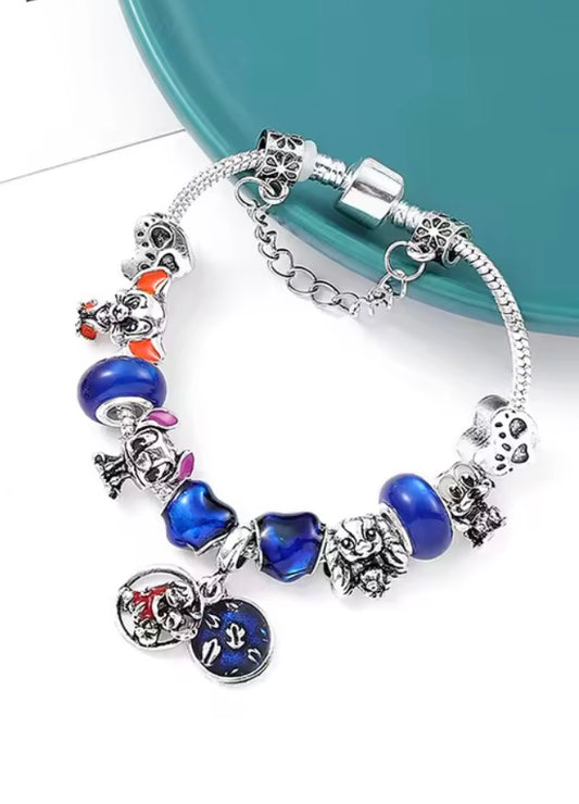 Disney Stitch Fashionable Cute - Stitch Blue Themed Silver Coloured Stitch Love Beaded Charm Bracelet - Adjustable 19cm + 5cm - With Giftbox